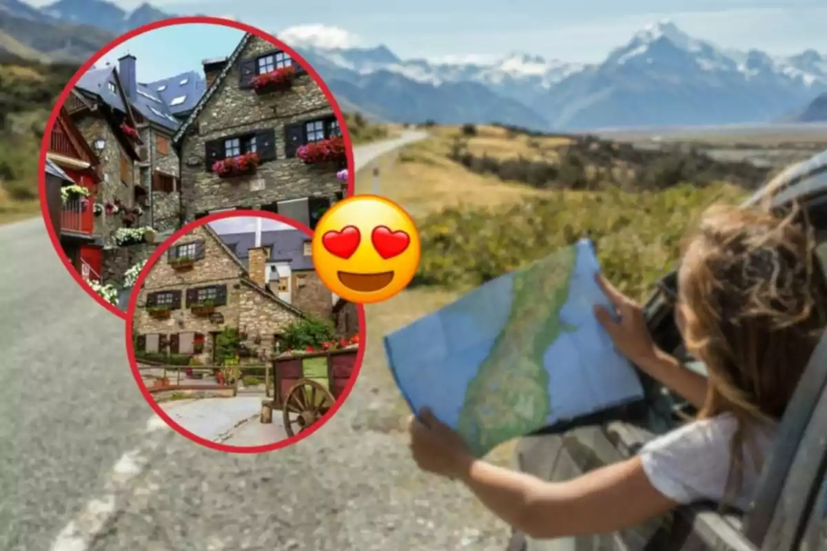 Una persona en un coche sosteniendo un mapa mientras observa un paisaje montañoso, con imágenes de casas de piedra con flores en las ventanas superpuestas y un emoji de ojos de corazón.