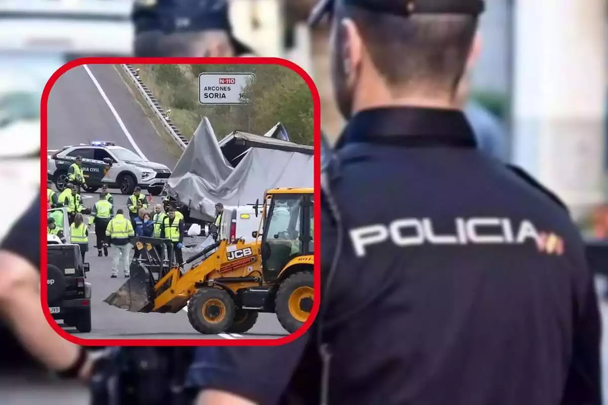 Montaje de fotos de una imagen de los servicios de emergencia en el lugar del accidente en Segovia y una imagen de dos policías