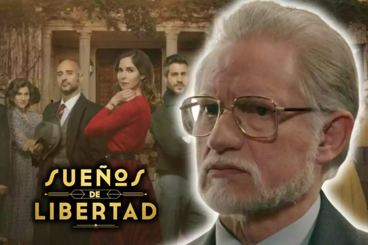 Un grupo de personas posando frente a un edificio con el título "Sueños de Libertad" en la parte inferior y una imagen del actor Nancho Novo interpretando a Damián con rostro serio en primer plano.