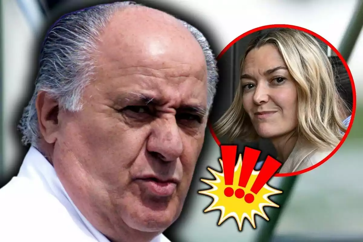 Primer plano de Amancio Ortega con expresión seria y su hija, Marta Ortega, en un círculo rojo con signos de exclamación.