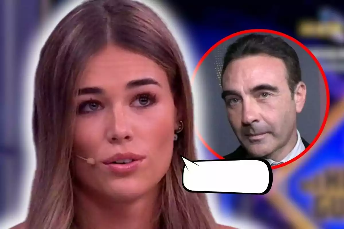 Ana Soria con un micrófono en la oreja y una burbuja de diálogo vacía, con la imagen de Enrique Ponce en un círculo rojo en el fondo.