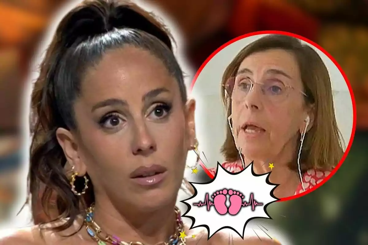 Anabel Pantoja con expresión sorprendida en primer plano y un recuadro con una imagen de su madre, Merchi Bernal, usando auriculares, junto a un gráfico de pies y un electrocardiograma.