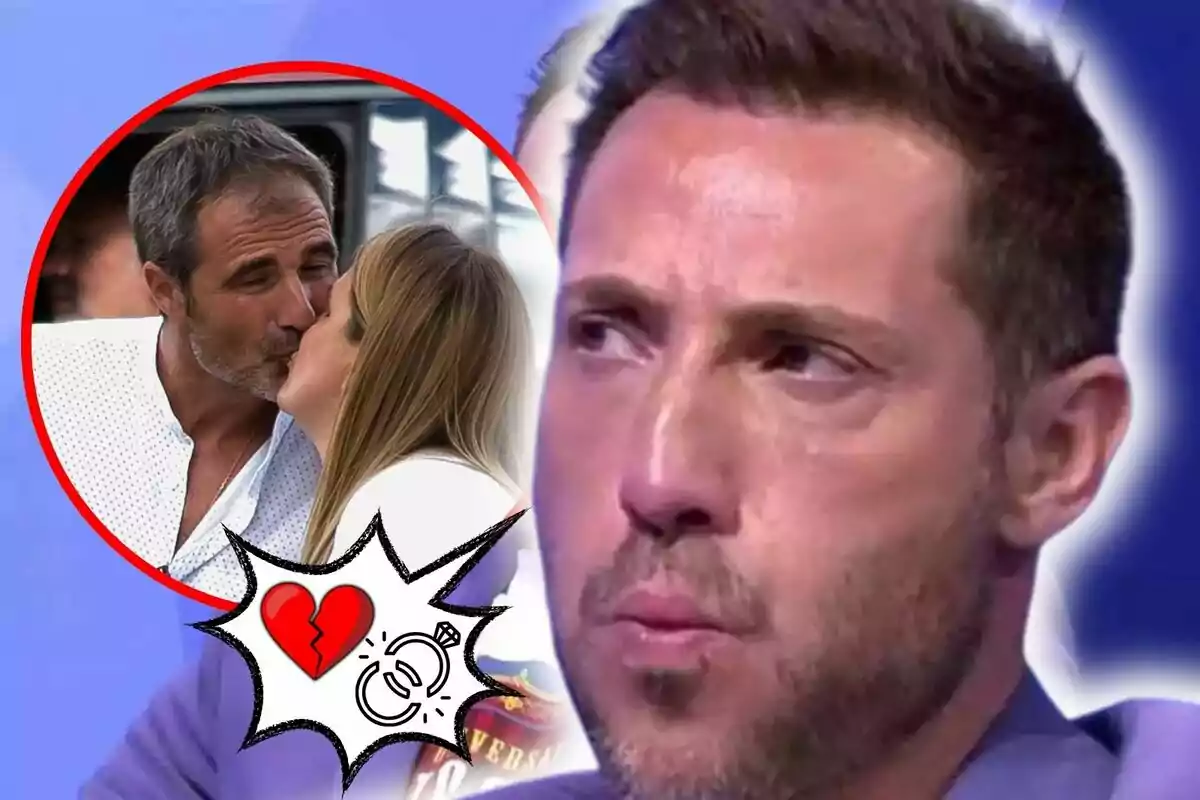 Antonio David Flores con expresión seria observa una imagen en un círculo donde una pareja, formada por Carlota Corredera y Carlos de la Maza, se besa, acompañada de un gráfico de corazón roto y anillos.