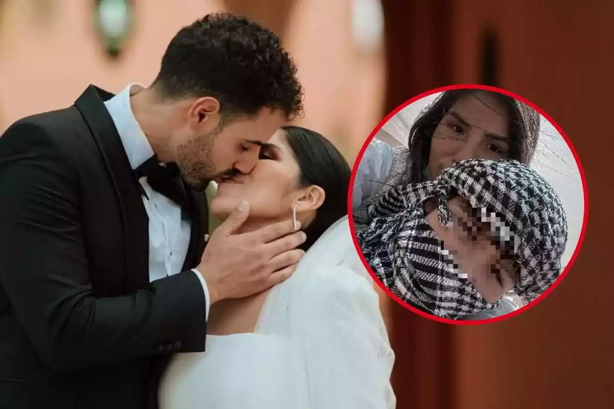 Montaje de fotos de Asraf Beno y Isa Pantoja besándose el día de su boda y un selfie de Isa Pantoja con su hijo Alberto