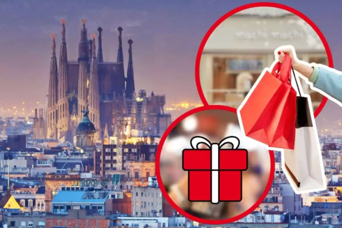 Montaje de fotos de un plano general de Barcelona y, al lado, una imagen de una persona sujetando bolsas de compra y un emoji de un regalo