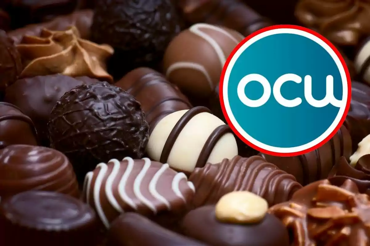 Una variedad de bombones de chocolate con un logotipo azul y blanco en la esquina que pertenece a la OCU. Una variedad de bombones de chocolate con un logotipo azul y blanco en la esquina que pertenece a la OCU.