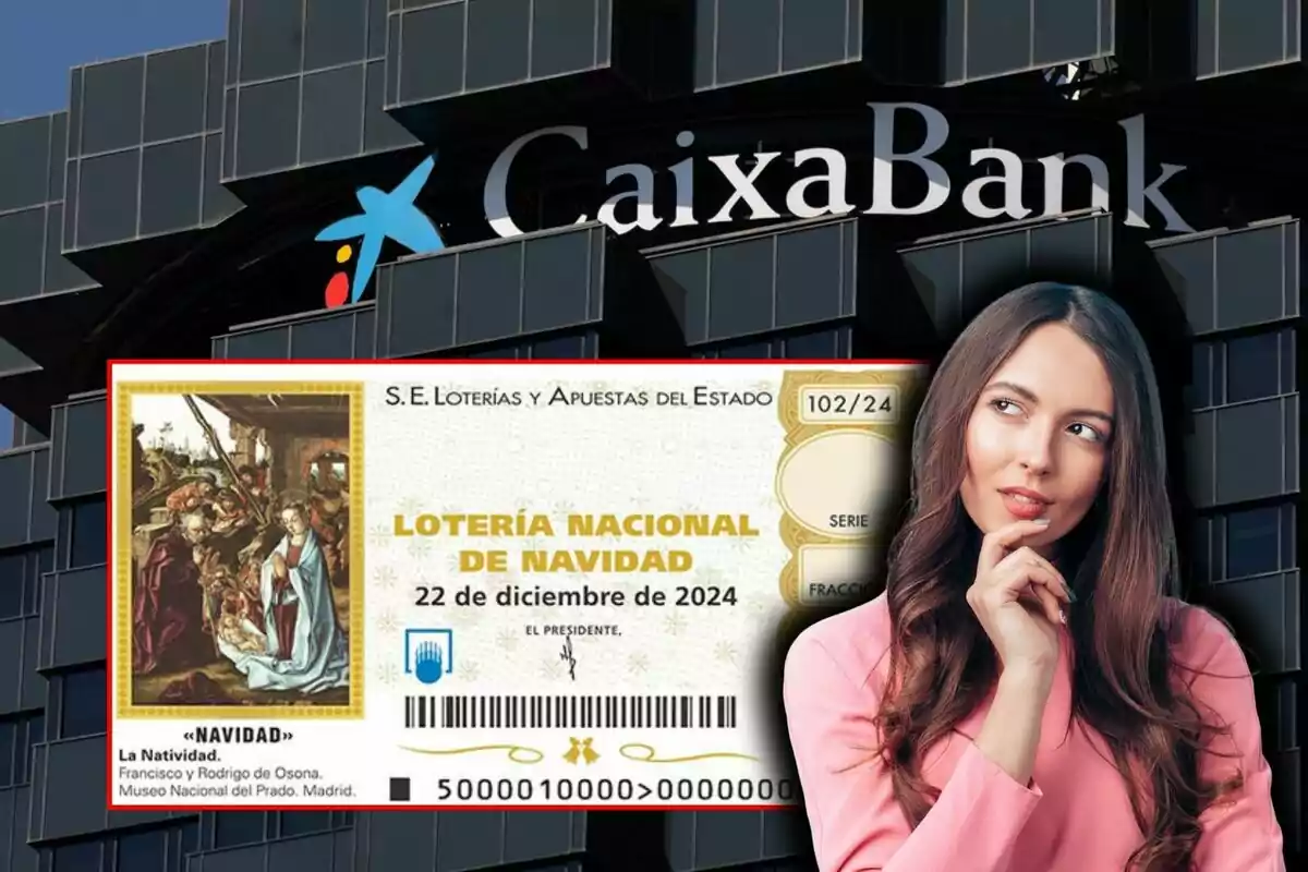 Una mujer pensativa junto a un boleto de la Lotería Nacional de Navidad frente a un edificio de CaixaBank.