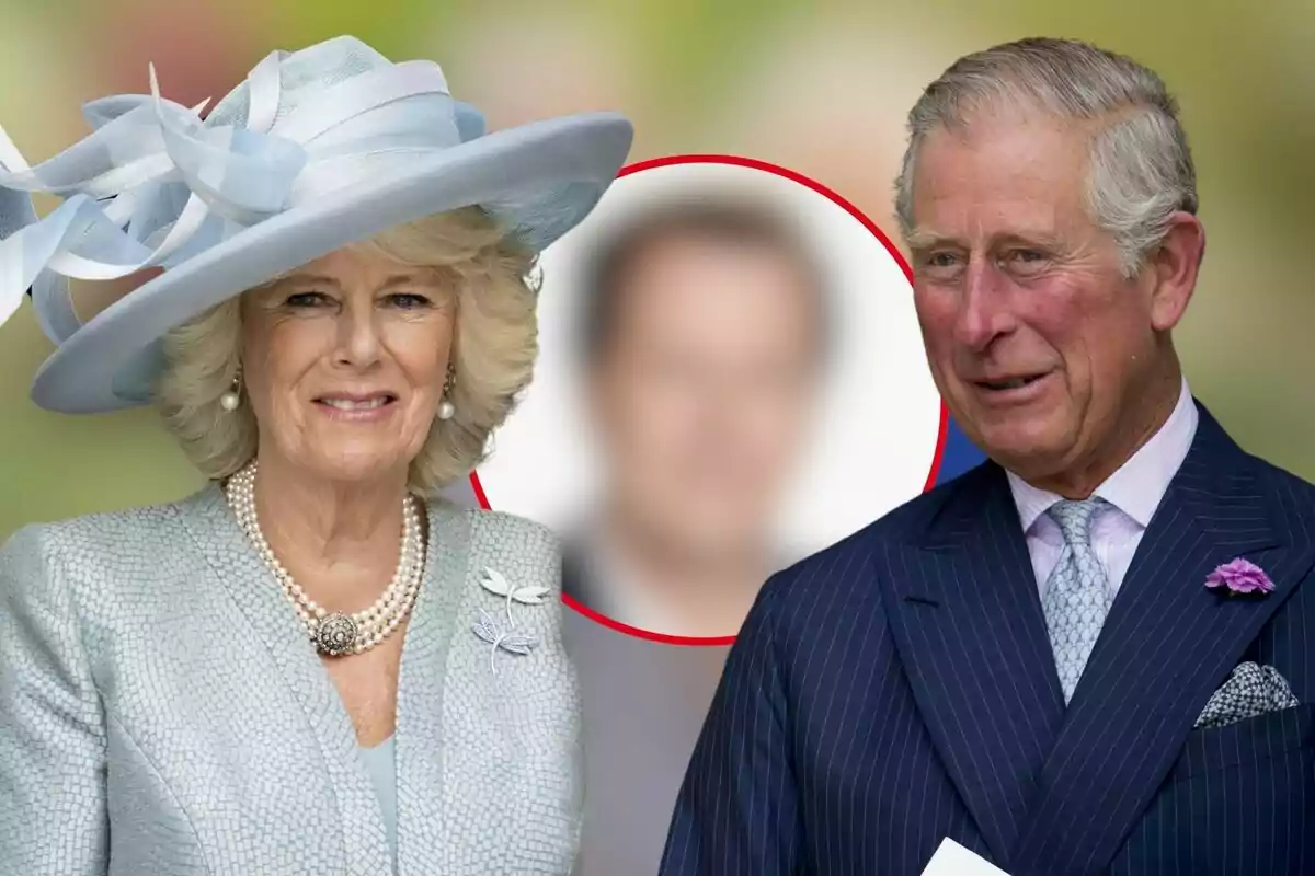 Montaje de fotos de la reina Camila y el rey Carlos III de Inglaterra con una imagen circular de un hombre desenfocado entre ellos.