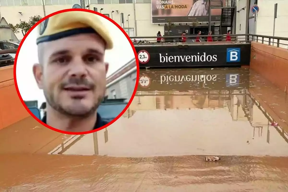 Un hombre con boina aparece en un círculo superpuesto sobre una imagen de una entrada inundada del Centro Comercial Bonaire de Valencia con un cartel que dice "bienvenidos".