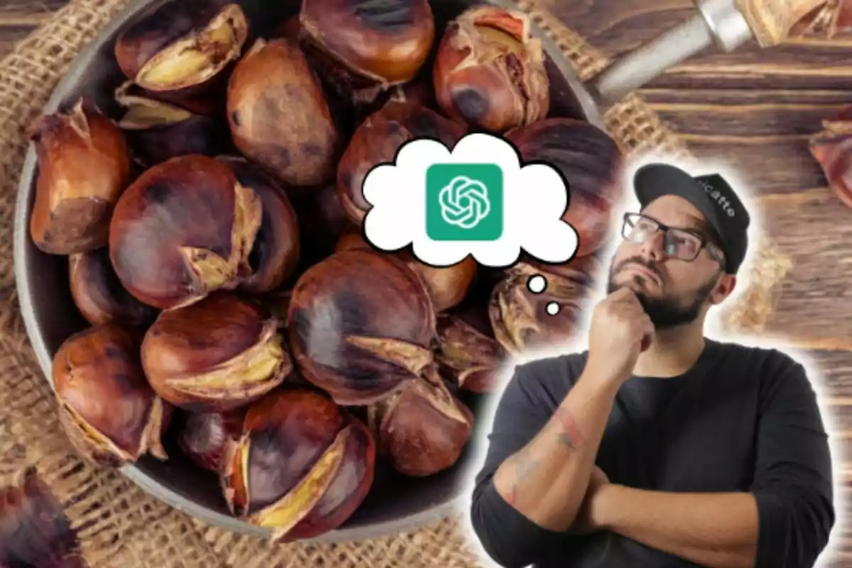 Un hombre con gorra y gafas está pensativo junto a un plato lleno de castañas asadas.