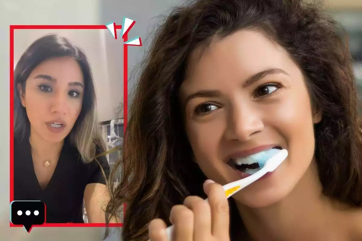 Montaje de fotos de Shaadi Manouchehri, una odontóloga conocida en Instagram, y al lado una imagen de una chica cepillándose los dientes