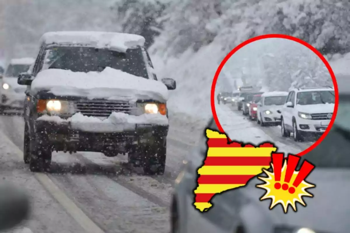 Coches circulando en una carretera nevada con un mapa de Cataluña y un símbolo de alerta en la esquina.