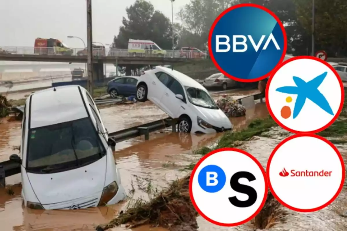 Coches atrapados en la inundación provocada por la DANA en la Comunidad Valenciana con logotipos de varios bancos superpuestos.