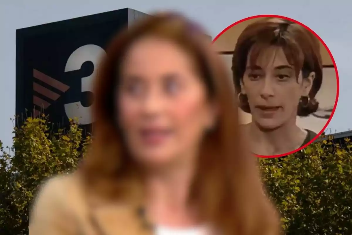 Montaje de fotos de la actriz Cristina Dilla en primer plano desenfocada con una imagen circular de ella en una serie de TV3.