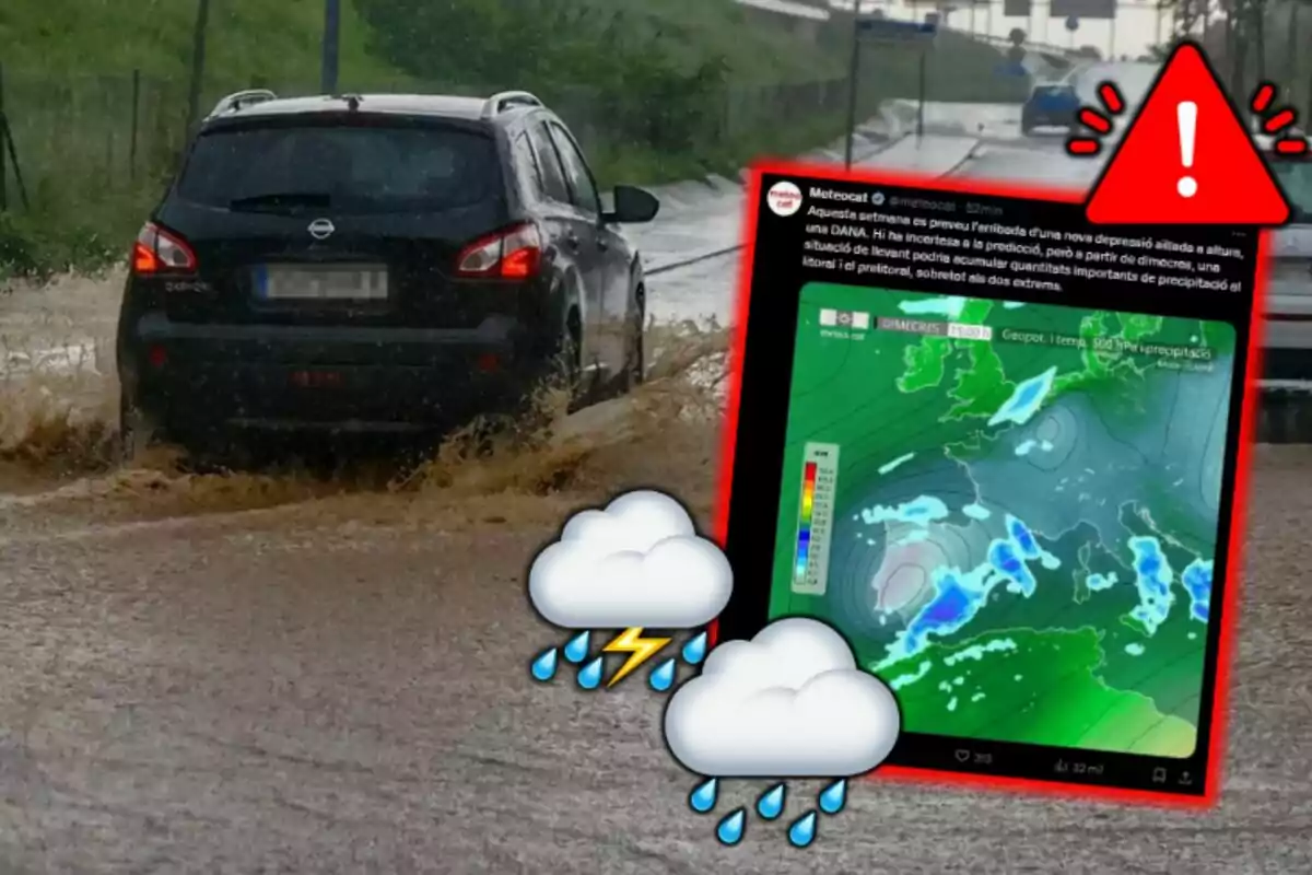 Un coche negro circula por una carretera inundada mientras una imagen de un pronóstico meteorológico muestra una alerta de fuertes lluvias y tormentas.