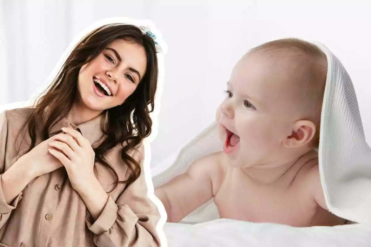 Montaje de fotos de un bebé feliz y, al lado, una mujer sonriente
