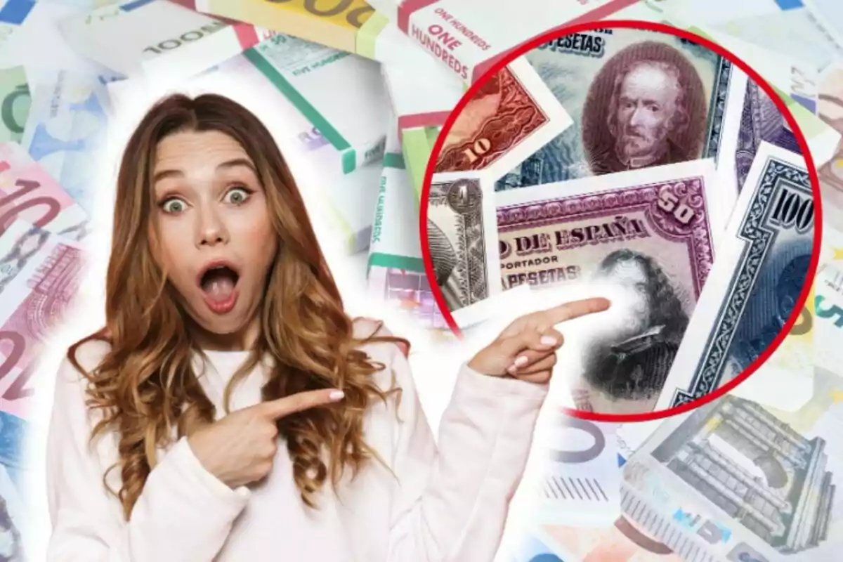 Una mujer con expresión de sorpresa señala hacia una colección de billetes de diferentes denominaciones y países.