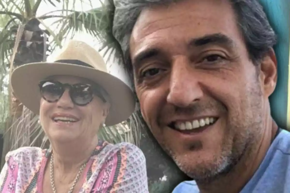 Montaje de fotos de primer plano de Mayte Zaldívar sonriente con sombrero y gafas de sol junto a un Fernando Marcos también sonriente con barba incipiente.