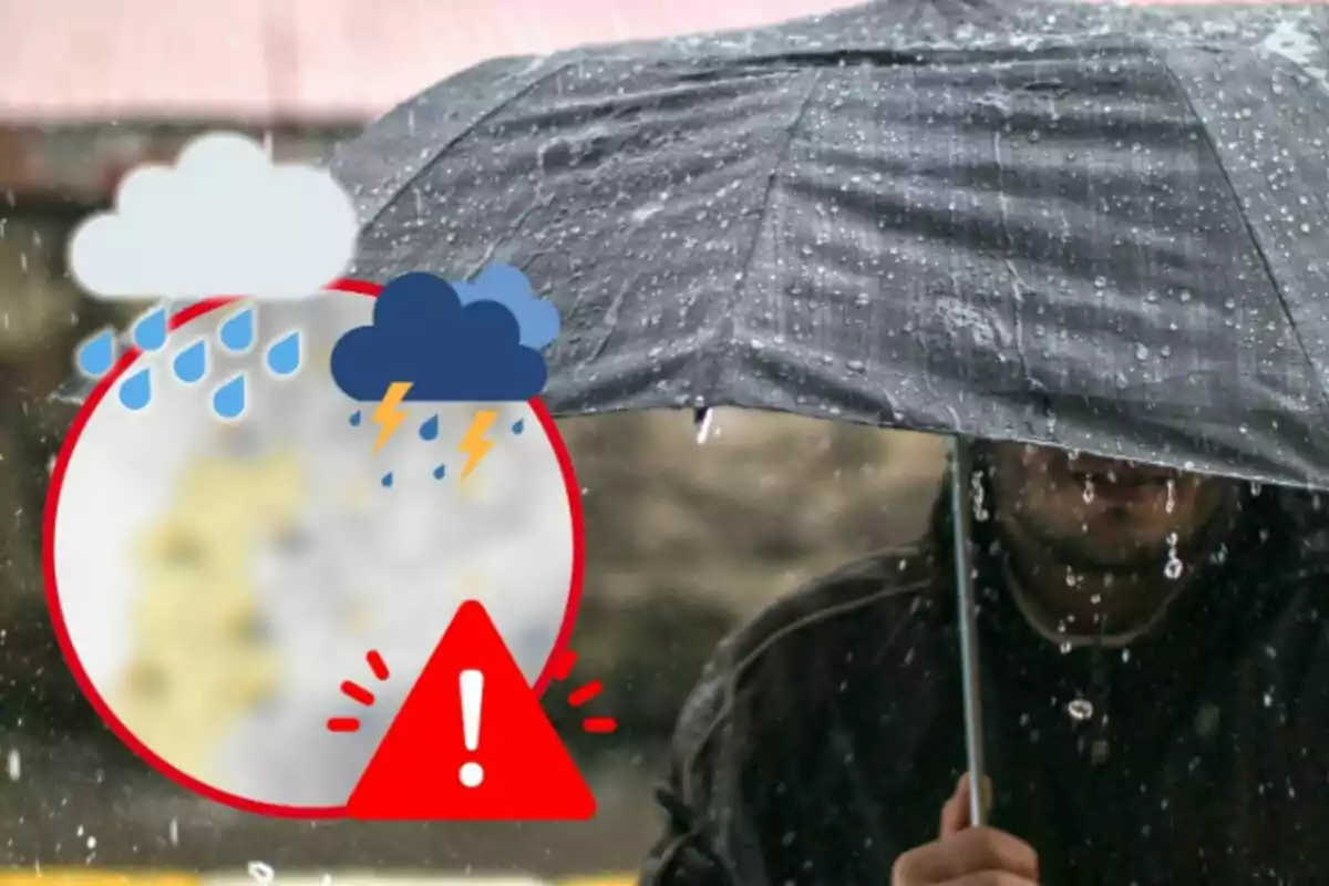 Montaje de fotos de un hombre bajo la lluvia con el paraguas abierto y, al lado, emojis de lluvia y tormenta con un mapa de Cataluña difuminado