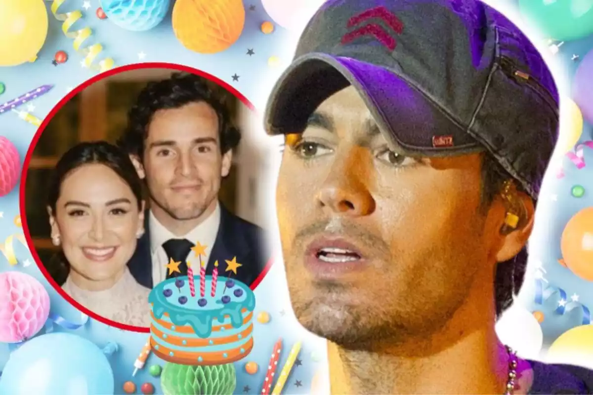 Montaje de fotos de primer plano de Enrique Iglesias con rostro serio y, al lado, una imagen de Tamara Falcó e Íñigo Onieva con rostro sonriente y una tarta de cumpleaños al lado