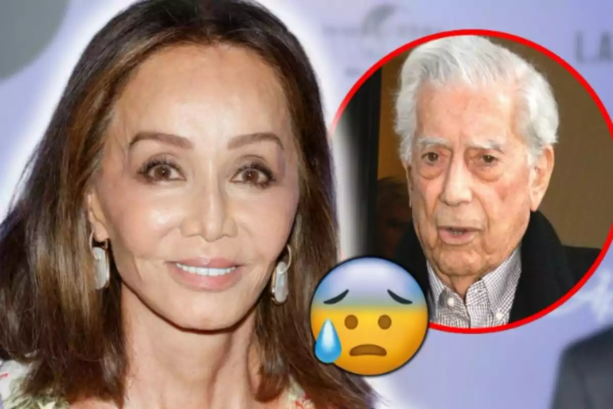 Isabel Preysler sonriente con cabello castaño y Mario Vargas Llosa con cabello canoso dentro de un círculo rojo con un emoji de cara preocupado.