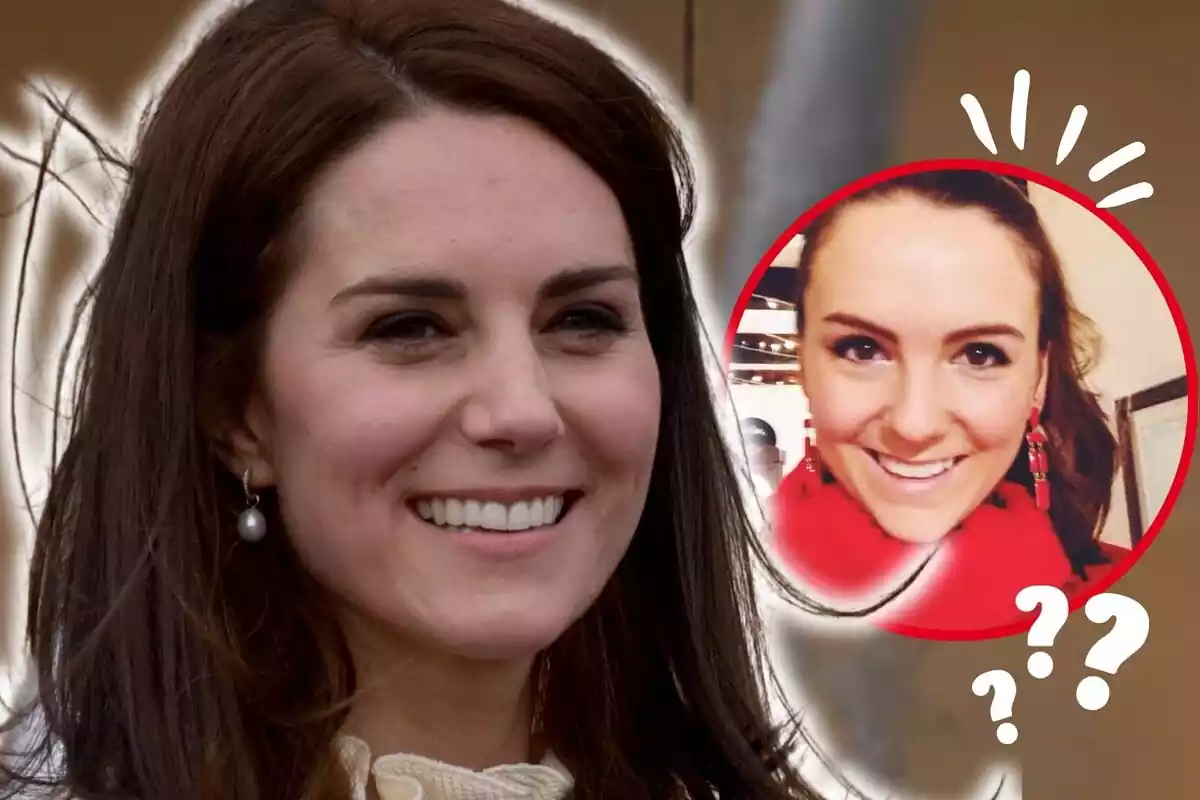Montaje de fotos de primer plano de Kate Middleton y Gabriela Munro, ambas sonrientes con signos de interrogación al lado