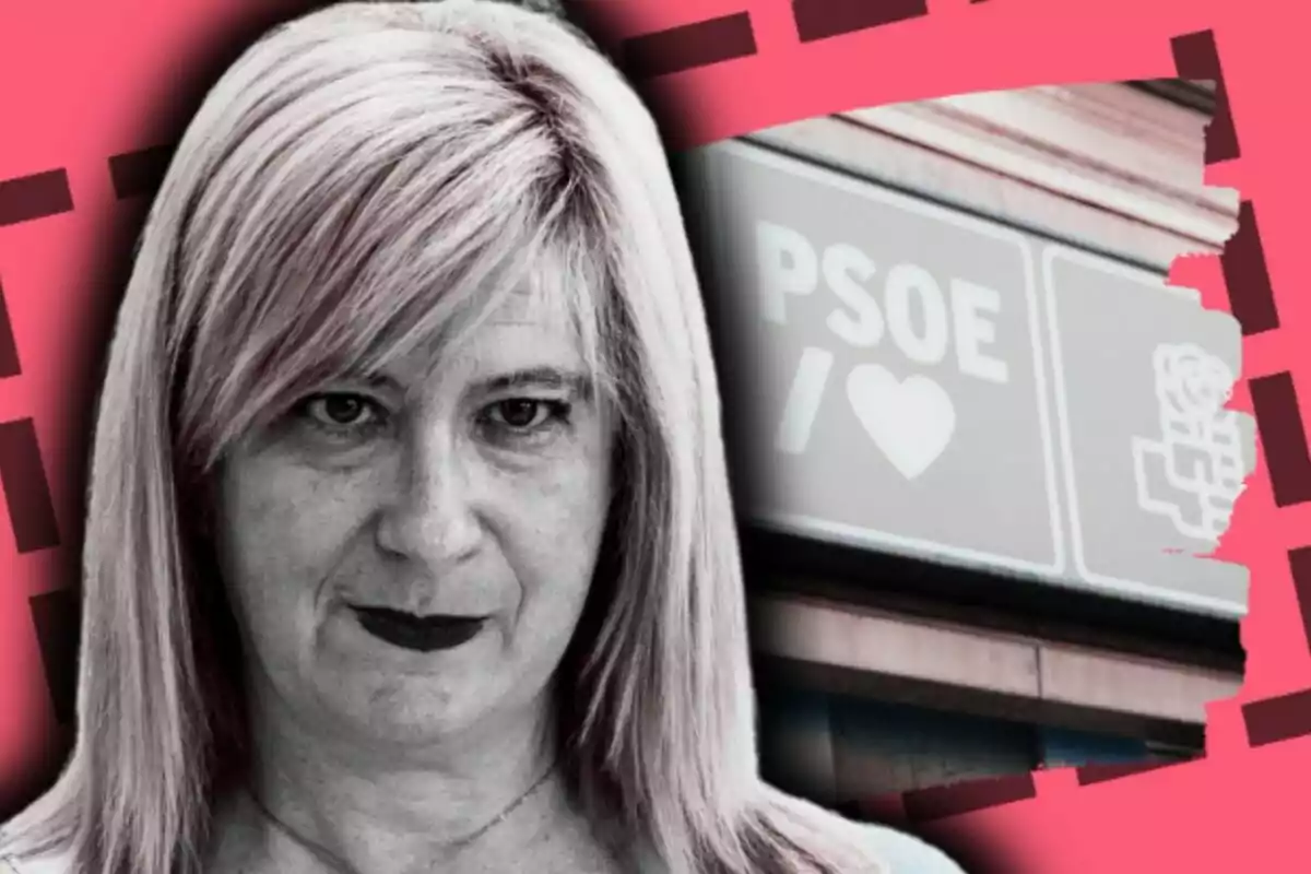 Montaje de fotos de Leire Díez con expresión seria en primer plano con un fondo en tonos rosados y un cartel del PSOE desenfocado.