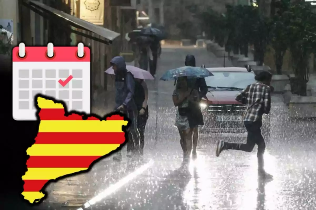 Personas caminando bajo la lluvia con paraguas en una calle, junto a un calendario y un mapa de Cataluña.