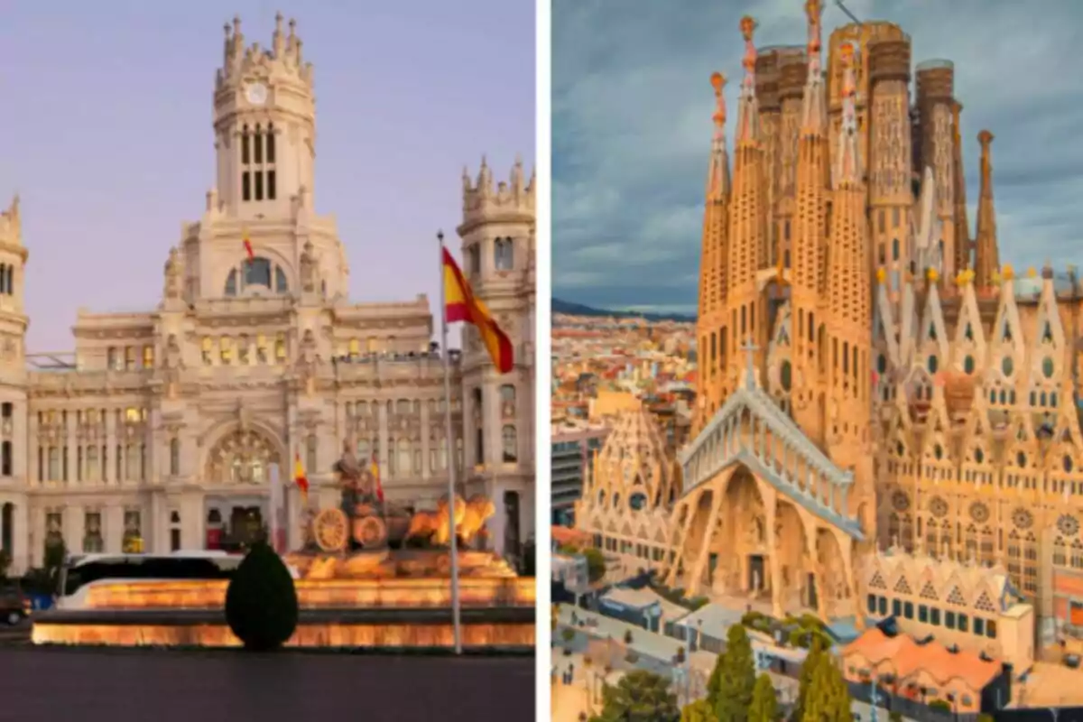 Edificios emblemáticos de España con el Palacio de Cibeles en Madrid a la izquierda y la Sagrada Familia en Barcelona a la derecha. Edificios emblemáticos de España con el Palacio de Cibeles en Madrid a la izquierda y la Sagrada Familia en Barcelona a la derecha.