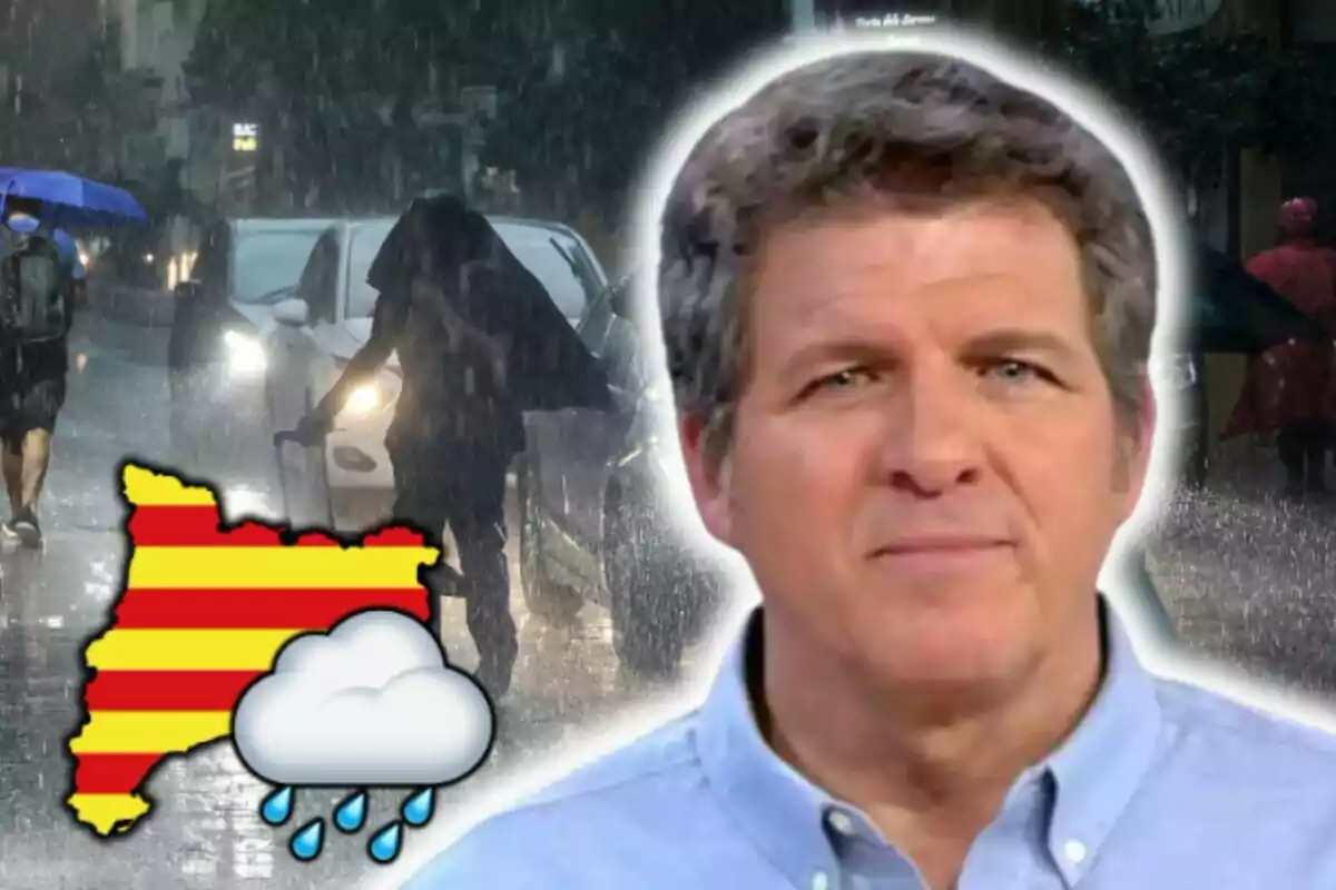 Una imagen de Mario Picazo con camisa azul claro en primer plano, con un fondo de una calle lluviosa donde varias personas caminan bajo la lluvia, algunas con paraguas, y un gráfico de un mapa de Cataluña y un icono de nube con lluvia.