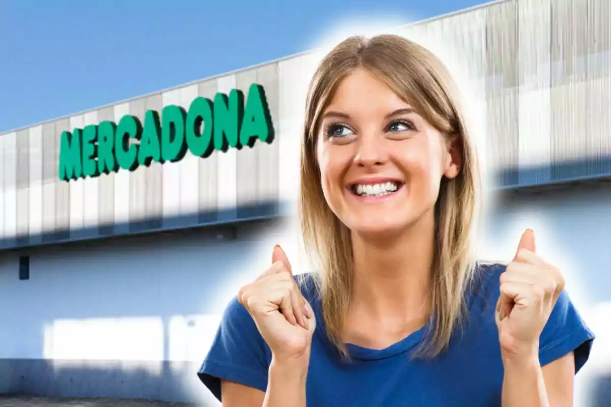 Montaje de fotos de una mujer sonriente con gesto de emoción frente a un edificio con el letrero de un supermercado, el cual es Mercadona.