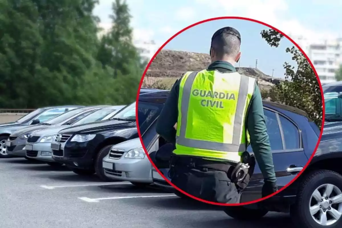 Montaje de fotos de un guardia civil de espaldas y, de fondo, la imagen de un parking al aire libre
