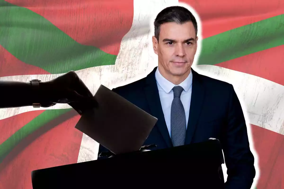 Montaje de fotos de una imagen de Pedro Sánchez con una urna delante y, de fondo, la bandera de Euskadi