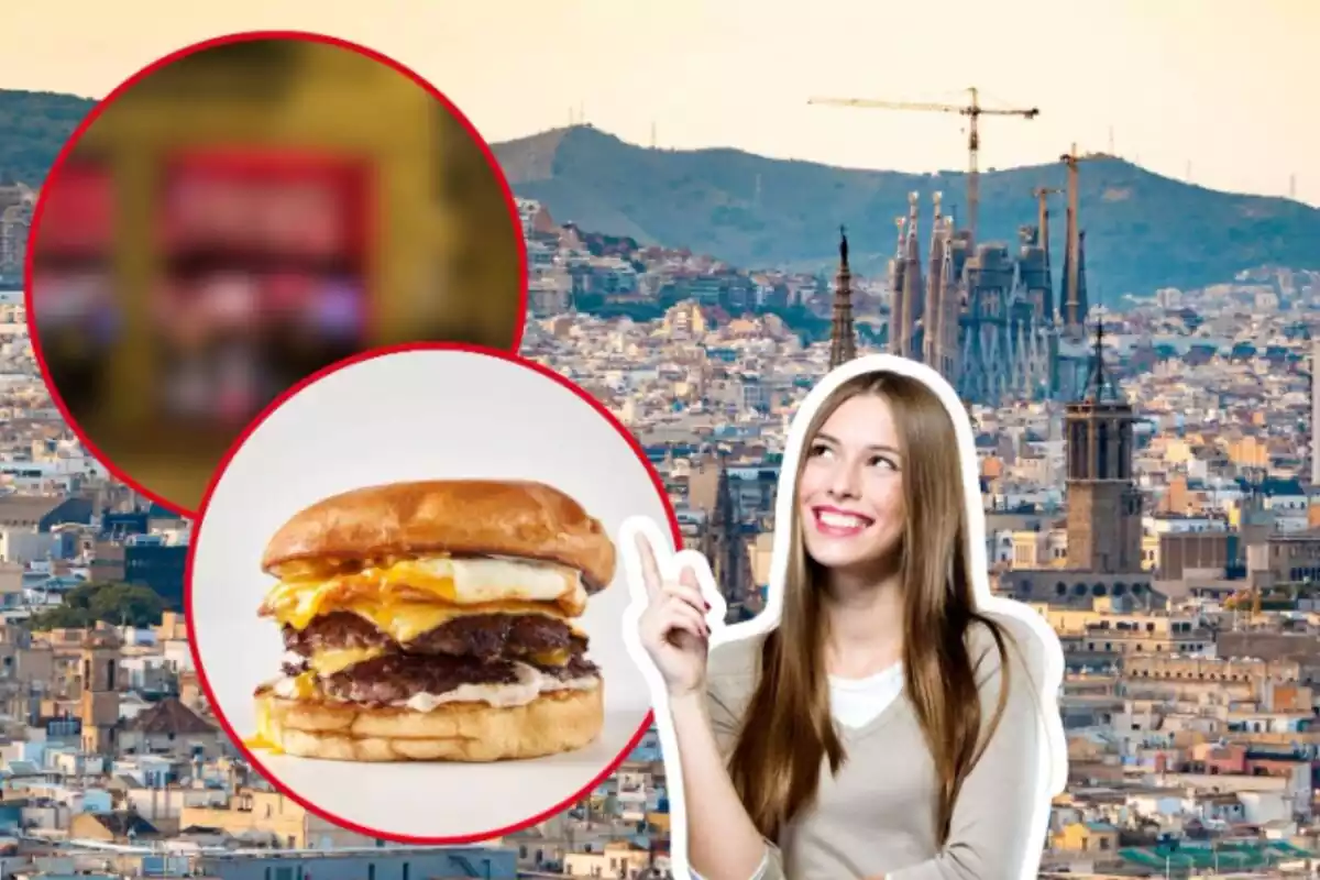 Montaje de fotos de una persona contenta señalando una hamburguesa y, de fondo, un plano general de Barcelona