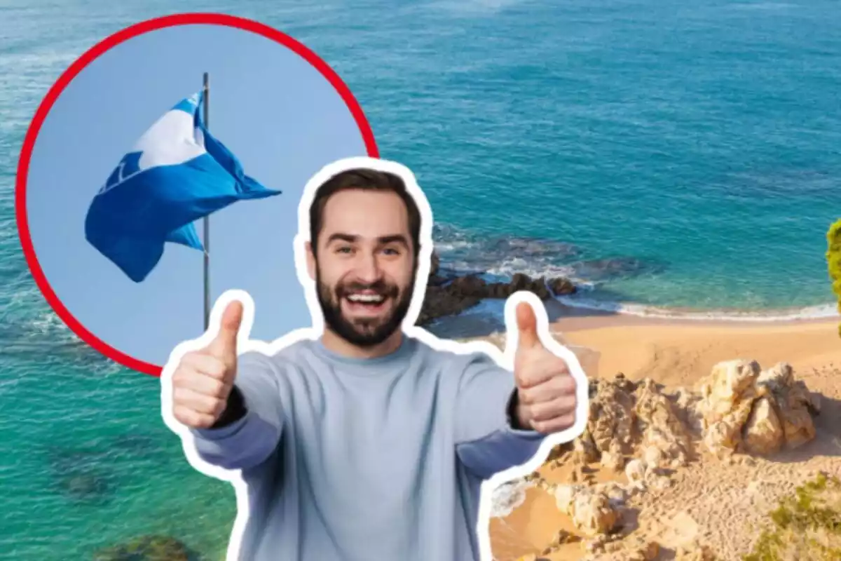 Montaje de fotos de un plano general de una playa de Gerona y, al lado, una imagen de una bandera azul y una persona haciendo el gesto de pulgar arriba