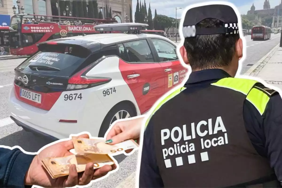Montaje de fotos de un policía local de espaldas, unas manos agarrando dinero y de fondo un coche de control fotográfico en Barcelona