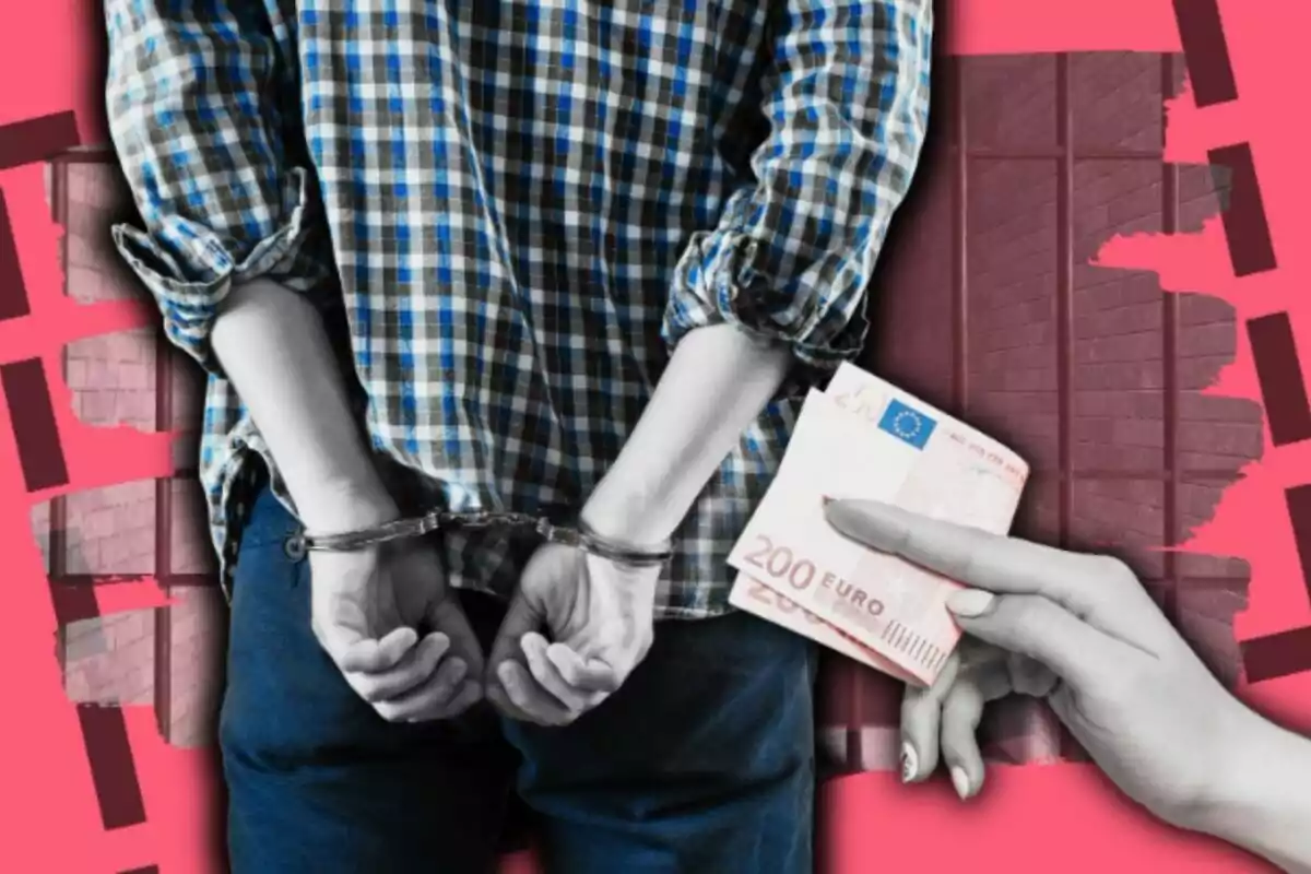 Una persona esposada de espaldas con una mano ofreciendo billetes de 200 euros sobre un fondo rojo.
