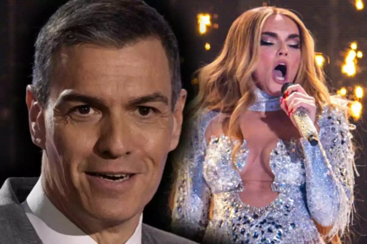 Montaje de fotos de Pedro Sánchez sonriente en primer plano y Melody cantando con un micrófono en Eurovisión 2025 en el fondo, ambos en un ambiente iluminado. Montaje de fotos de Pedro Sánchez sonriente en primer plano y Melody cantando con un micrófono en Eurovisión 2025 en el fondo, ambos en un ambiente iluminado.