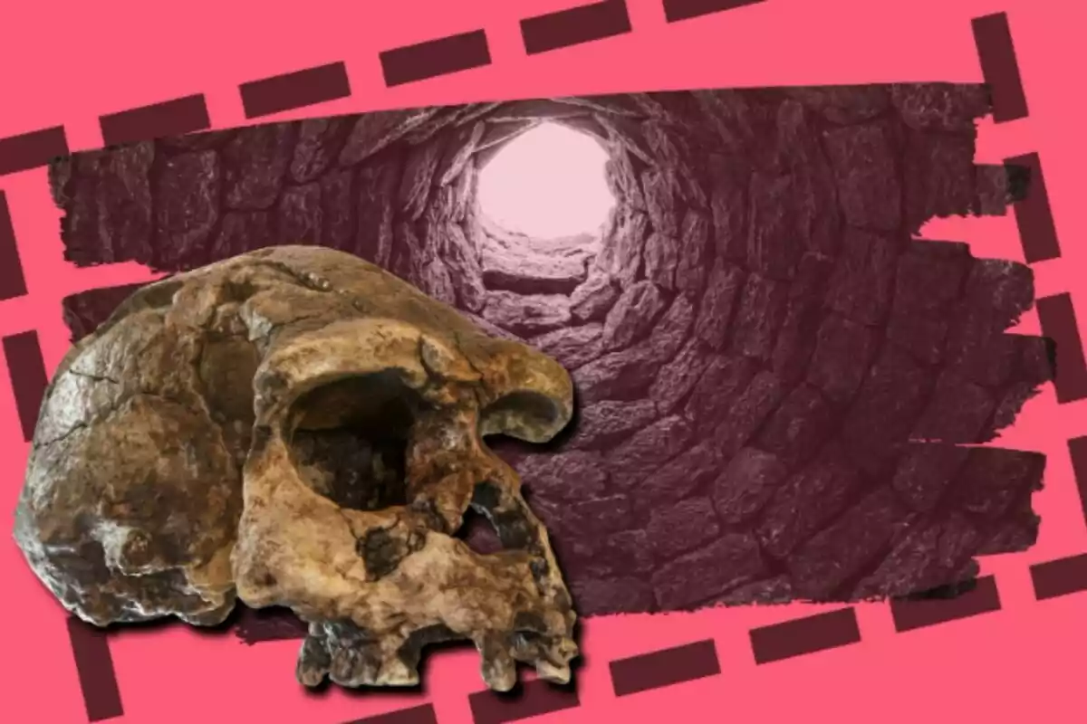 Cráneo antiguo en primer plano con un pozo de piedra al fondo sobre un fondo rosa.