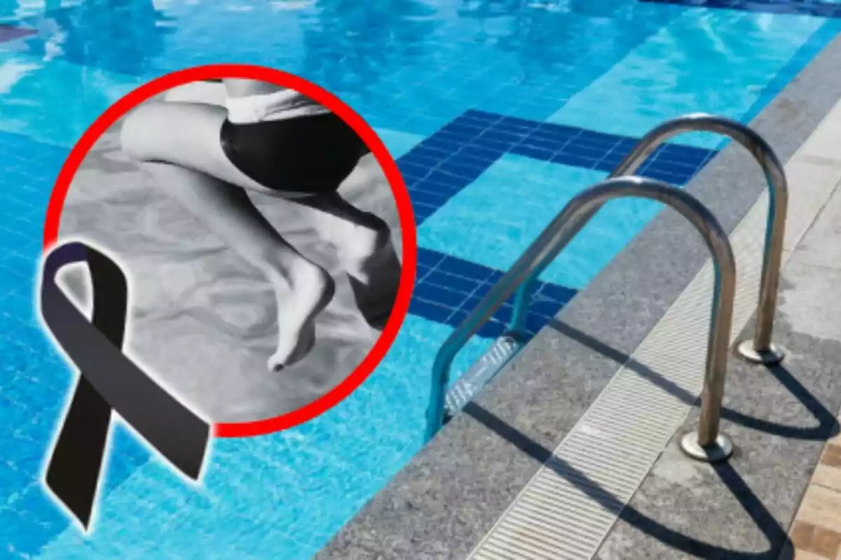 Piscina con escalera metálica y un círculo que muestra a un niño entrando al agua junto a un crespón negro en señal de luto.