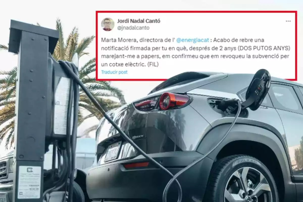 Montaje de fotos de un coche eléctrico cargándose y, al lado, la captura de pantalla del tweet de un usuario