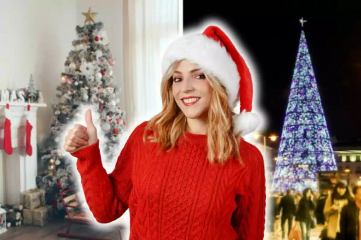Una persona con suéter rojo y gorro de Santa sonríe mientras hace un gesto de aprobación con el pulgar levantado; al fondo se ven dos árboles de Navidad, uno decorado en un interior y otro iluminado en un exterior nocturno. Una persona con suéter rojo y gorro de Santa sonríe mientras hace un gesto de aprobación con el pulgar levantado; al fondo se ven dos árboles de Navidad, uno decorado en un interior y otro iluminado en un exterior nocturno.