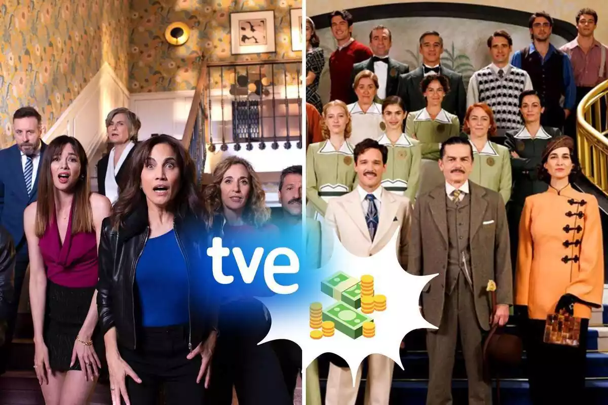 Montaje de fotos con el elenco de actores de la serie '4 estrellas' y 'La Moderna' junto con el logotipo de TVE y un icono de billetes y monedas