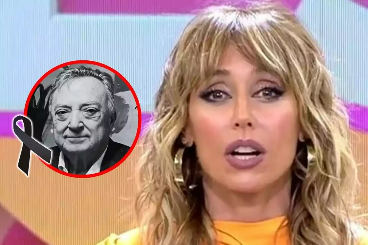 Emma García con expresión seria en un programa de televisión y un recuadro con la imagen en blanco y negro de Miguel Burdeos con un lazo negro.