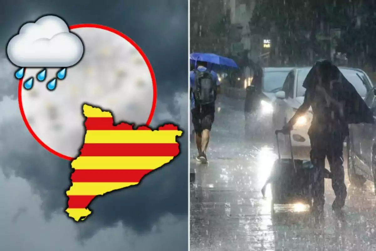 Mapa de Cataluña con icono de lluvia y personas caminando bajo la lluvia en una calle.