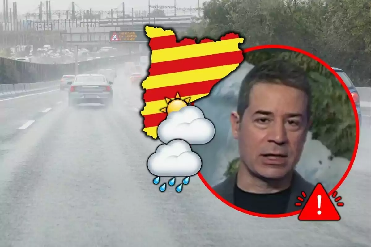 Enric Agud aparece en un círculo rojo sobre una carretera lluviosa con un mapa de Cataluña y símbolos de clima nublado y lluvioso.