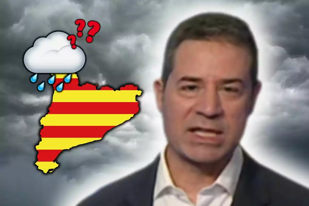 Montaje de fotos de Enric Agud frente a un fondo nublado con un mapa de Cataluña en colores de la bandera catalana y un icono de nube con gotas de lluvia y signos de interrogación.