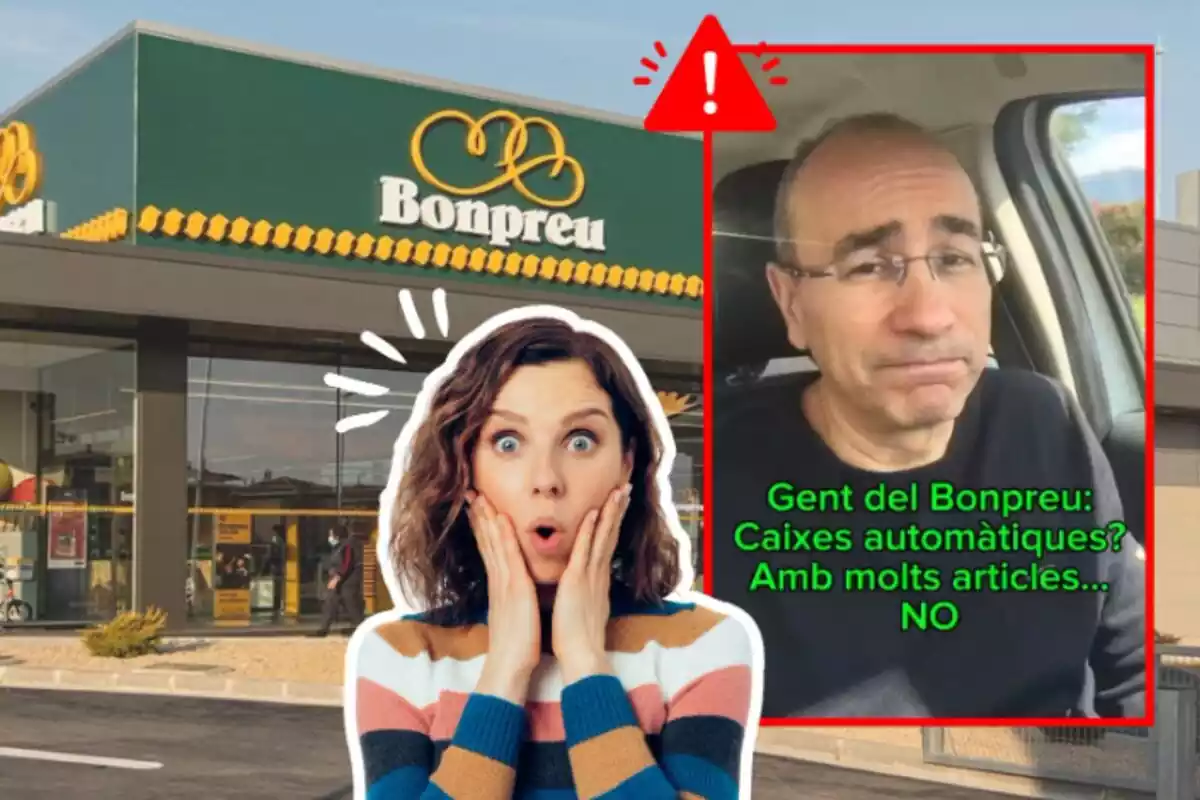 Montaje de fotos de un establecimiento de Bonpreu y, al lado, la captura de pantalla del vídeo de un cliente y una persona con rostro de sorpresa
