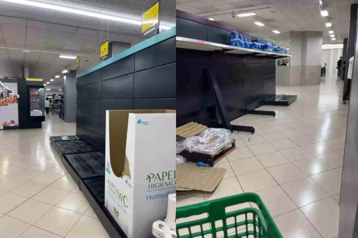 Pasillos de un supermercado con estantes vacíos y algunos productos dispersos en el suelo. Pasillos de un supermercado con estantes vacíos y algunos productos dispersos en el suelo.