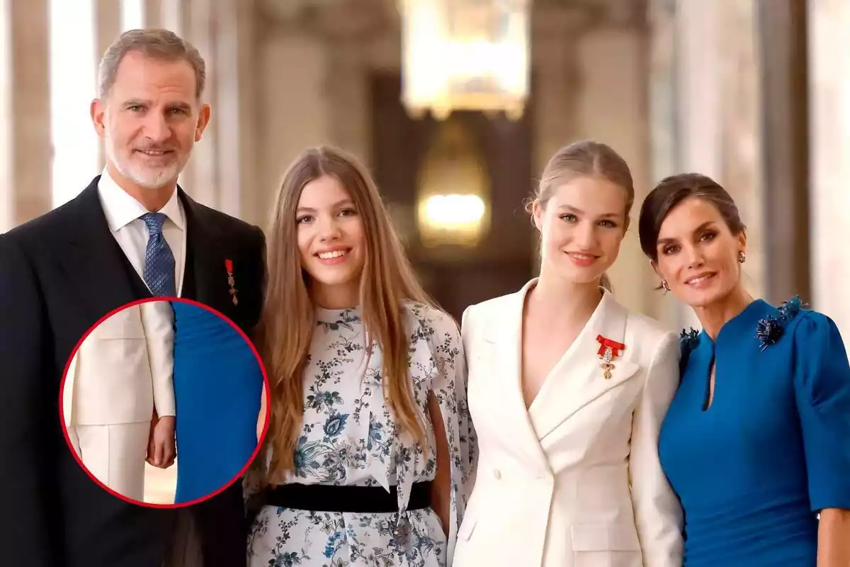 Montaje de fotos de la Familia Real Española con la foto de su felicitación para Navidad y un plano detalle de las manos de la reina Letizia y la princesa Leonor